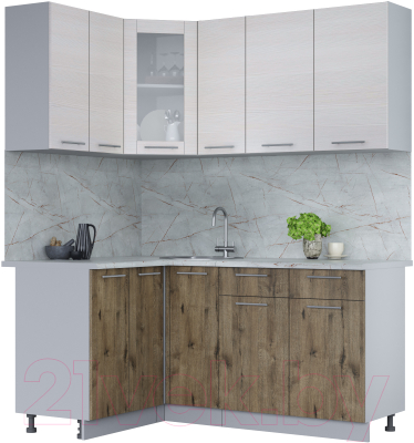 Кухонный гарнитур Интерлиния Мила 12x17 (вудлайн кремовый/дуб веллингтон/серый каспий) - фото