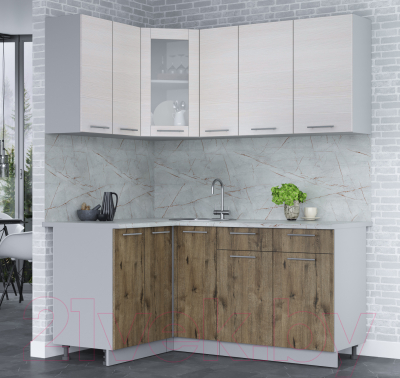 Кухонный гарнитур Интерлиния Мила 12x17 (вудлайн кремовый/дуб веллингтон/серый каспий)