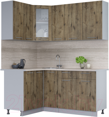 Кухонный гарнитур Интерлиния Мила 12x17 (дуб веллингтон/дуб веллингтон/травертин серый) - фото