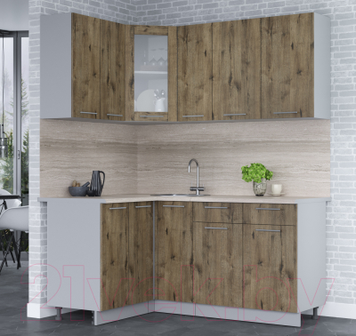 Кухонный гарнитур Интерлиния Мила 12x17 (дуб веллингтон/дуб веллингтон/травертин серый)