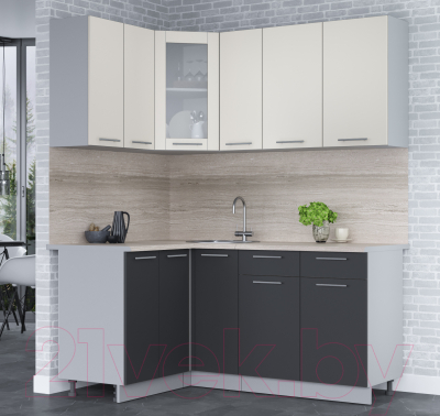 Кухонный гарнитур Интерлиния Мила 12x17 (персидский жемчуг/антрацит/травертин серый)