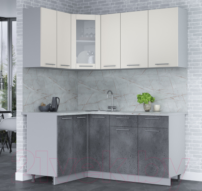 Кухонный гарнитур Интерлиния Мила 12x17 (персидский жемчуг/бетон портленд/серый каспий)