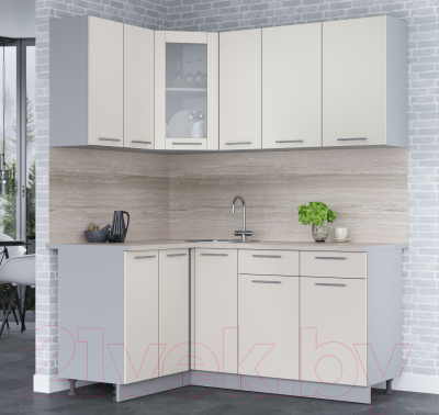 Кухонный гарнитур Интерлиния Мила 12x17 (персидский жемчуг/персидский жемчуг/травертин серый)