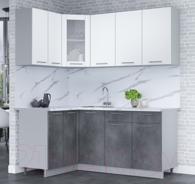 Кухонный гарнитур Интерлиния Мила 12x18 (белый платинум/бетон портленд/белый гранит)