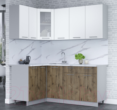 Кухонный гарнитур Интерлиния Мила 12x18 (белый платинум/дуб веллингтон/белый гранит)