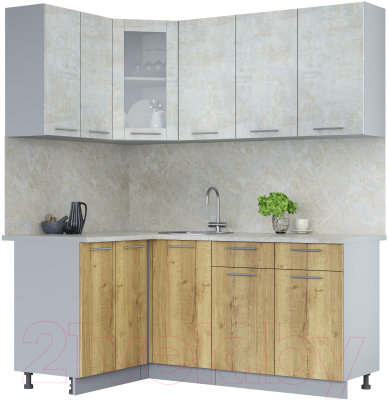 Кухонный гарнитур Интерлиния Мила 12x18 (бетон лайт/дуб золотой/опал светлый) - фото