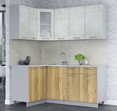 Кухонный гарнитур Интерлиния Мила 12x18 (бетон лайт/дуб золотой/опал светлый)