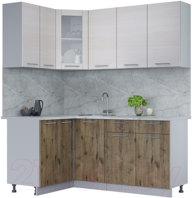 Кухонный гарнитур Интерлиния Мила 12x18 (вудлайн кремовый/дуб веллингтон/серый каспий) - фото