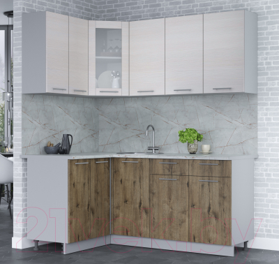 Кухонный гарнитур Интерлиния Мила 12x18 (вудлайн кремовый/дуб веллингтон/серый каспий)