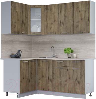 Кухонный гарнитур Интерлиния Мила 12x18 (дуб веллингтон/дуб веллингтон/травертин серый) - фото