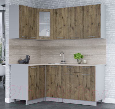 Кухонный гарнитур Интерлиния Мила 12x18 (дуб веллингтон/дуб веллингтон/травертин серый)