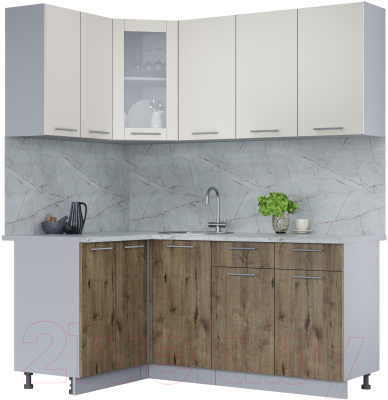 Кухонный гарнитур Интерлиния Мила 12x18 (персидский жемчуг/дуб веллингтон/серый каспий) - фото