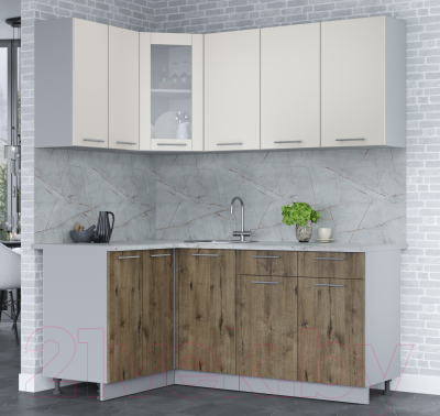 Кухонный гарнитур Интерлиния Мила 12x18 (персидский жемчуг/дуб веллингтон/серый каспий)