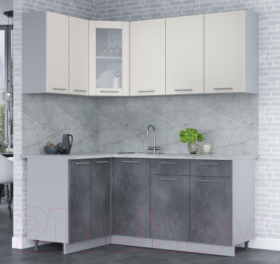 Кухонный гарнитур Интерлиния Мила 12x18 (персидский жемчуг/бетон портленд/серый каспий)