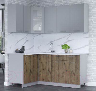Кухонный гарнитур Интерлиния Мила 12x18 (серебро/дуб веллингтон/белый гранит)
