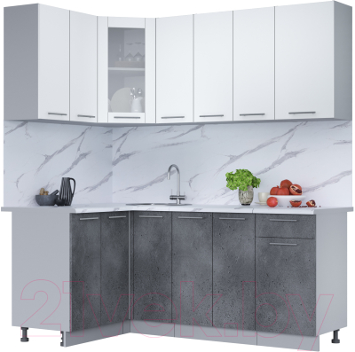 Кухонный гарнитур Интерлиния Мила 12x19 (белый платинум/бетон портленд/белый гранит) - фото