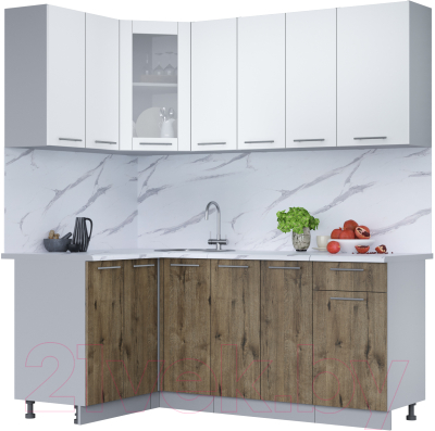 Кухонный гарнитур Интерлиния Мила 12x19 (белый платинум/дуб веллингтон/белый гранит) - фото