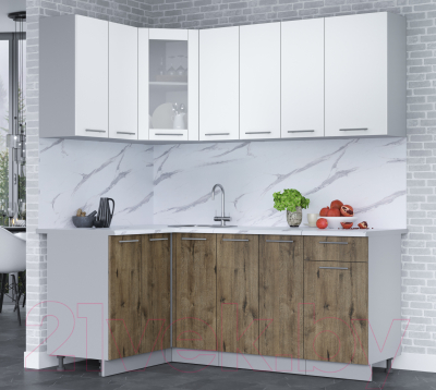 Кухонный гарнитур Интерлиния Мила 12x19 (белый платинум/дуб веллингтон/белый гранит)