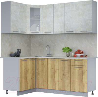 Кухонный гарнитур Интерлиния Мила 12x19 (бетон лайт/дуб золотой/опал светлый) - фото