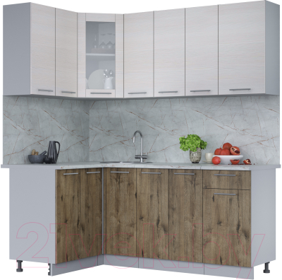 Кухонный гарнитур Интерлиния Мила 12x19 (вудлайн кремовый/дуб веллингтон/серый каспий) - фото