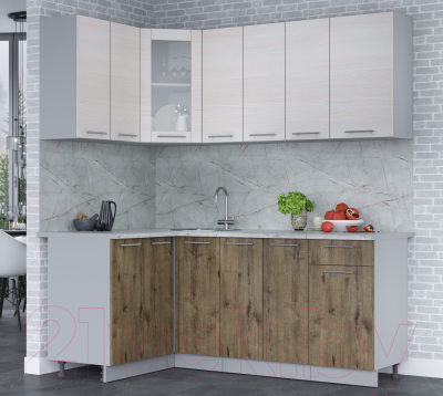 Кухонный гарнитур Интерлиния Мила 12x19 (вудлайн кремовый/дуб веллингтон/серый каспий)