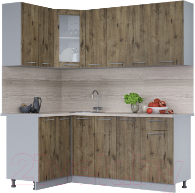 Кухонный гарнитур Интерлиния Мила 12x19 (дуб веллингтон/дуб веллингтон/травертин серый) - фото