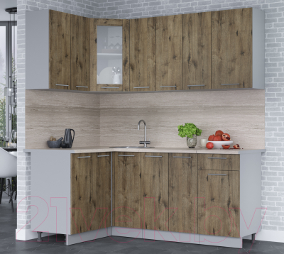 Кухонный гарнитур Интерлиния Мила 12x19 (дуб веллингтон/дуб веллингтон/травертин серый)
