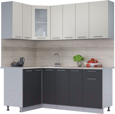 Кухонный гарнитур Интерлиния Мила 12x19 (персидский жемчуг/антрацит/травертин серый) - фото