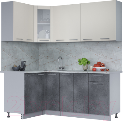 Кухонный гарнитур Интерлиния Мила 12x19 (персидский жемчуг/бетон портленд/серый каспий) - фото