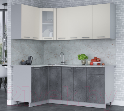 Кухонный гарнитур Интерлиния Мила 12x19 (персидский жемчуг/бетон портленд/серый каспий)