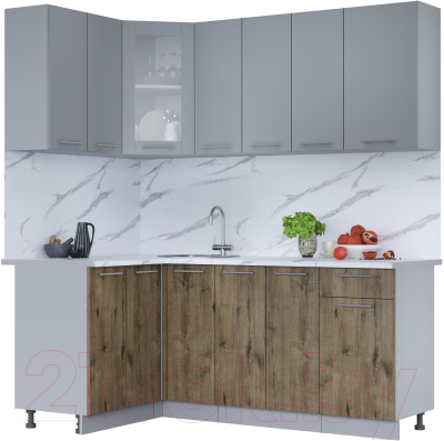 Кухонный гарнитур Интерлиния Мила 12x19 (серебро/дуб веллингтон/белый гранит) - фото