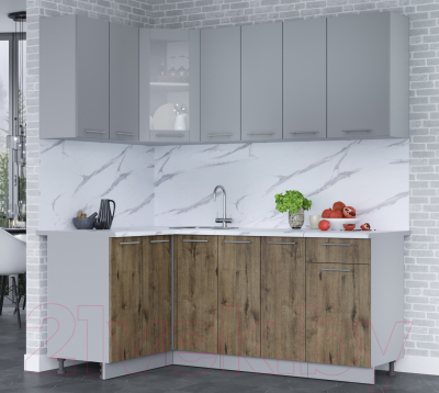 Кухонный гарнитур Интерлиния Мила 12x19 (серебро/дуб веллингтон/белый гранит)