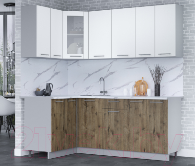 Кухонный гарнитур Интерлиния Мила 12x20 (белый платинум/дуб веллингтон/белый гранит)