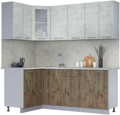 Кухонный гарнитур Интерлиния Мила 12x20 (бетон лайт/дуб веллингтон/опал светлый) - фото