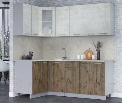 Кухонный гарнитур Интерлиния Мила 12x20 (бетон лайт/дуб веллингтон/опал светлый)