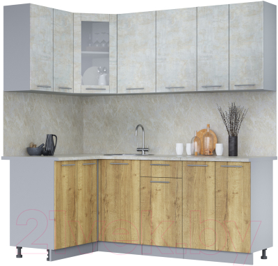 Кухонный гарнитур Интерлиния Мила 12x20 (бетон лайт/дуб золотой/опал светлый) - фото