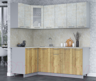 Кухонный гарнитур Интерлиния Мила 12x20 (бетон лайт/дуб золотой/опал светлый)