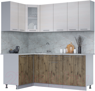 Кухонный гарнитур Интерлиния Мила 12x20 (вудлайн кремовый/дуб веллингтон/серый каспий) - фото