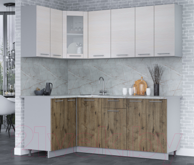 Кухонный гарнитур Интерлиния Мила 12x20 (вудлайн кремовый/дуб веллингтон/серый каспий)