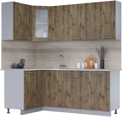 Кухонный гарнитур Интерлиния Мила 12x20 (дуб веллингтон/дуб веллингтон/травертин серый) - фото