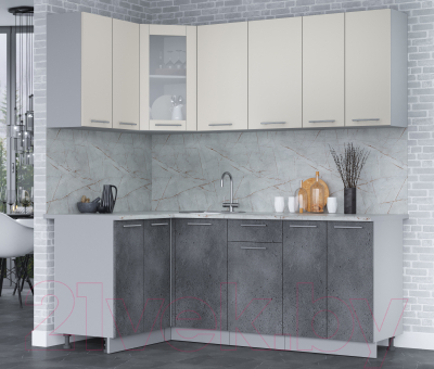 Кухонный гарнитур Интерлиния Мила 12x20 (персидский жемчуг/бетон портленд/серый каспий)