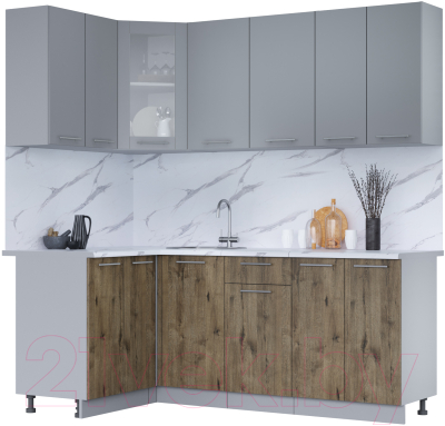 Кухонный гарнитур Интерлиния Мила 12x20 (серебро/дуб веллингтон/белый гранит) - фото