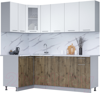 Кухонный гарнитур Интерлиния Мила 12x21 (белый платинум/дуб веллингтон/белый гранит) - фото
