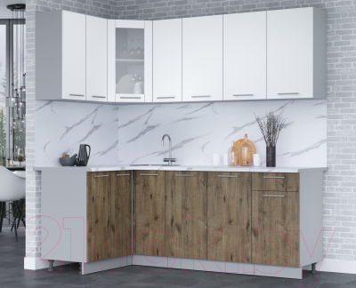 Кухонный гарнитур Интерлиния Мила 12x21 (белый платинум/дуб веллингтон/белый гранит)