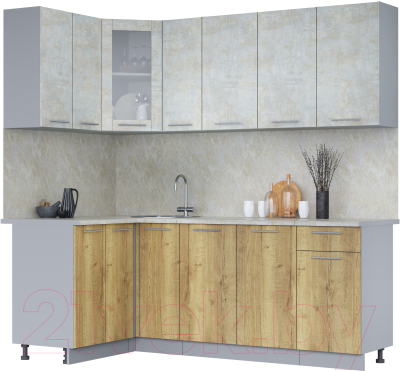 Кухонный гарнитур Интерлиния Мила 12x21 (бетон лайт/дуб золотой/опал светлый) - фото