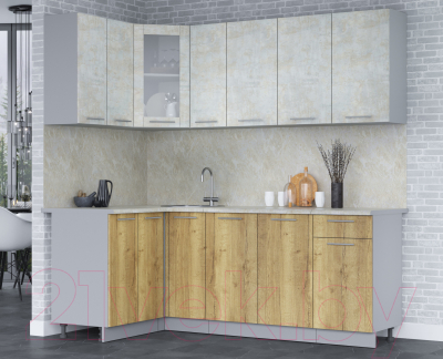 Кухонный гарнитур Интерлиния Мила 12x21 (бетон лайт/дуб золотой/опал светлый)