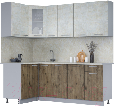 Кухонный гарнитур Интерлиния Мила 12x21 (бетон лайт/дуб веллингтон/опал светлый) - фото