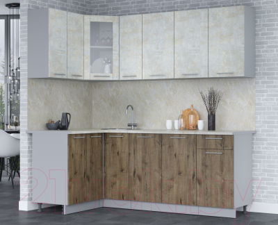 Кухонный гарнитур Интерлиния Мила 12x21 (бетон лайт/дуб веллингтон/опал светлый)
