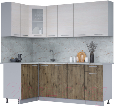 Кухонный гарнитур Интерлиния Мила 12x21 (вудлайн кремовый/дуб веллингтон/серый каспий) - фото