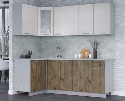 Кухонный гарнитур Интерлиния Мила 12x21 (вудлайн кремовый/дуб веллингтон/серый каспий)